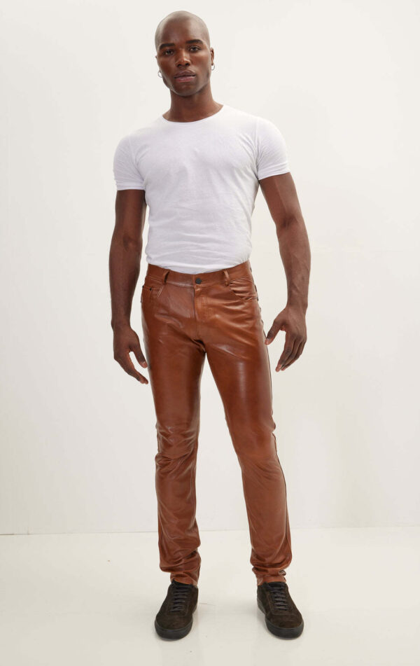 Mens Brown Leather Motorcycle Pants - Real Cow Skin