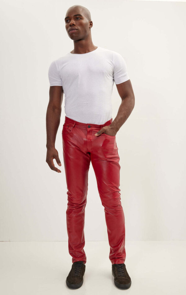 Mens Red Leather Motorcycle Pants - Real Cow Skin