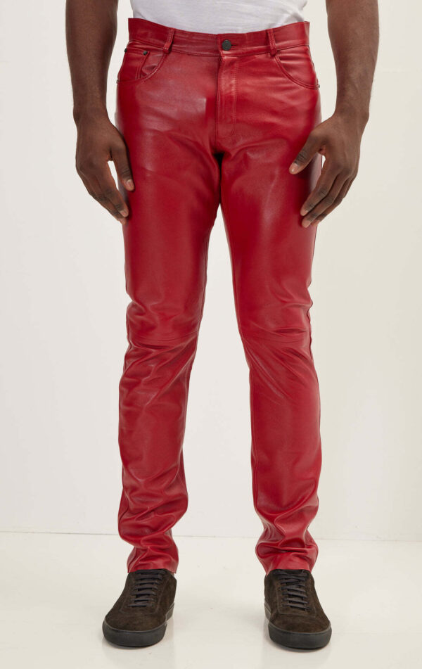 Mens Red Leather Motorcycle Pants - Real Cow Skin - Image 2