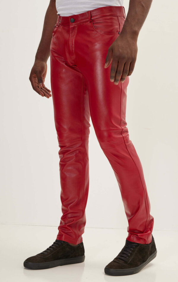 Mens Red Leather Motorcycle Pants - Real Cow Skin - Image 3