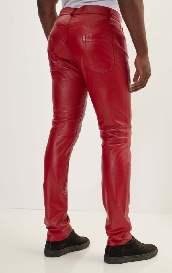 Mens Red Leather Motorcycle Pants - Real Cow Skin - Image 4