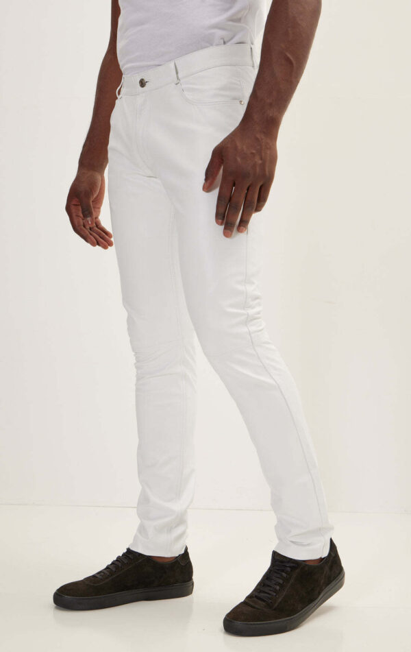 Mens White Leather Biker Pants - Real Cow Skin - Image 3