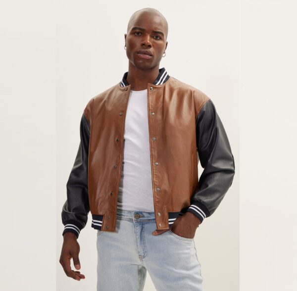 Mens Two Tone Varsity Leather Jacket - Real Cow Skin Brown Black Biker Jacket