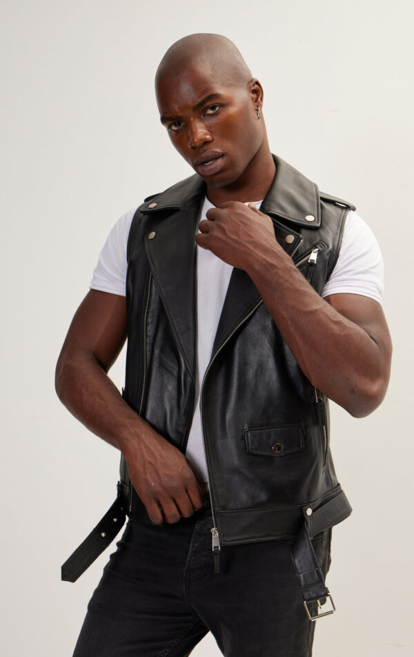 Mens Black Leather Biker Vest - Genuine Cow Leather Brando Vest - Image 3