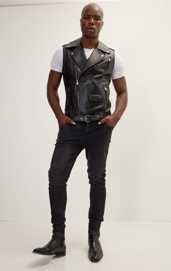 Mens Black Leather Biker Vest - Genuine Cow Leather Brando Vest - Image 4