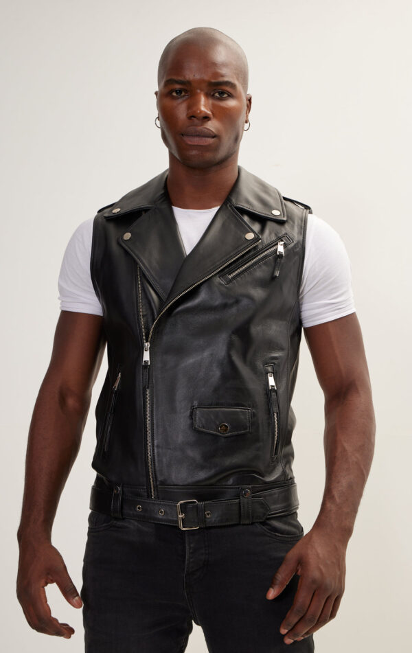 Mens Black Leather Biker Vest - Genuine Cow Leather Brando Vest - Image 2