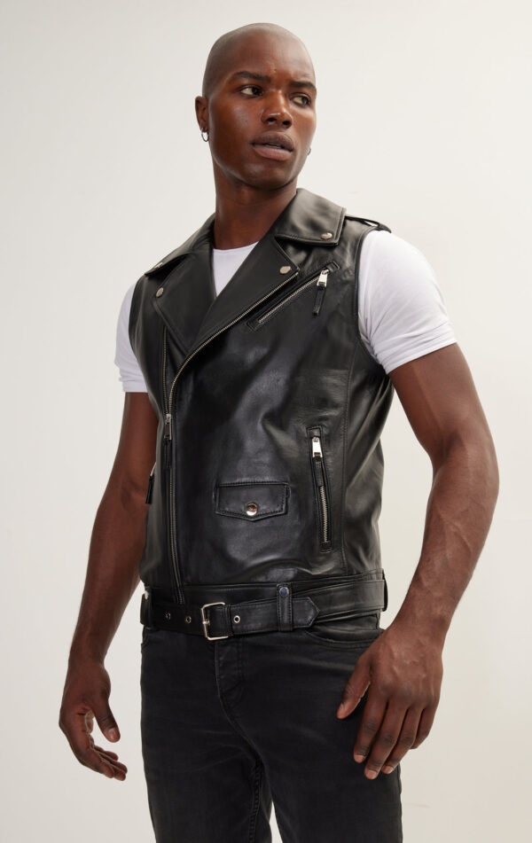 Mens Black Leather Biker Vest - Genuine Cow Leather Brando Vest