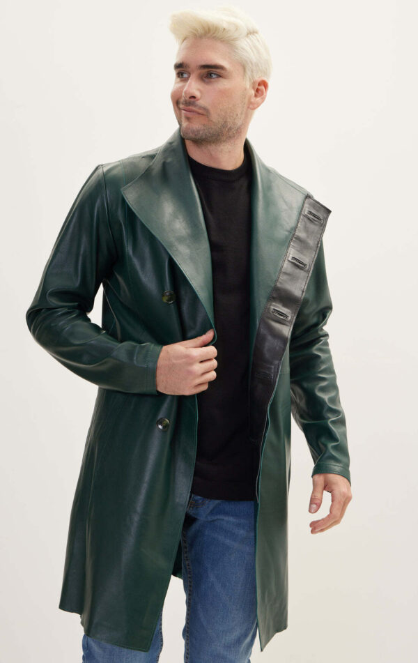 Mens Green Leather Trench Coat- Real Cow Skin Leather Duster - Image 3