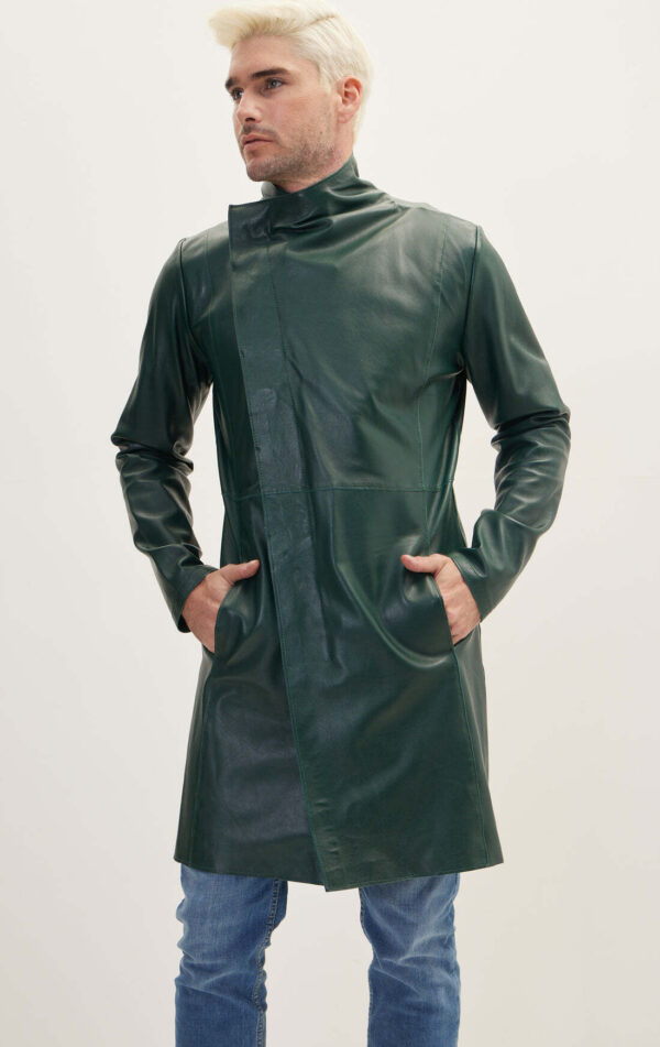 Mens Green Leather Trench Coat- Real Cow Skin Leather Duster