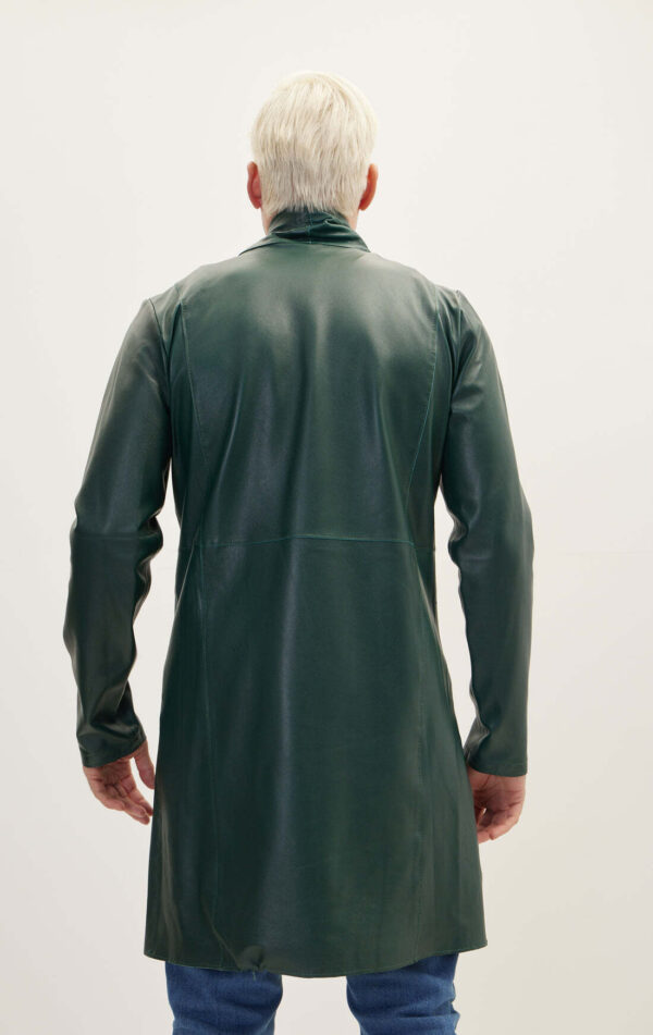 Mens Green Leather Trench Coat- Real Cow Skin Leather Duster - Image 2