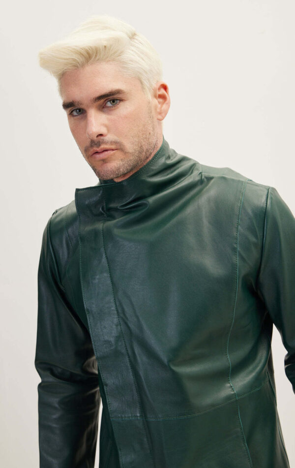 Mens Green Leather Trench Coat- Real Cow Skin Leather Duster - Image 5