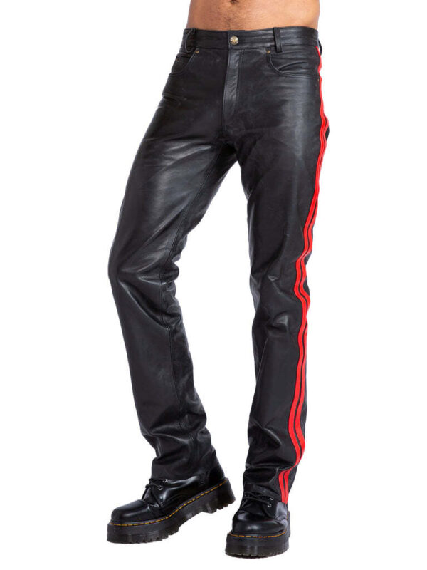 Mens Black Leather Red Stripes Biker Trouser - Real Sheep Skin