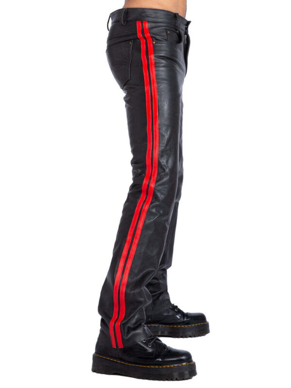 Mens Black Leather Red Stripes Biker Trouser - Real Sheep Skin - Image 3