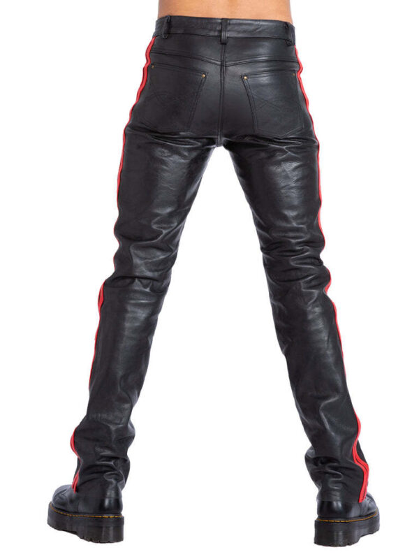 Mens Black Leather Red Stripes Biker Trouser - Real Sheep Skin - Image 2