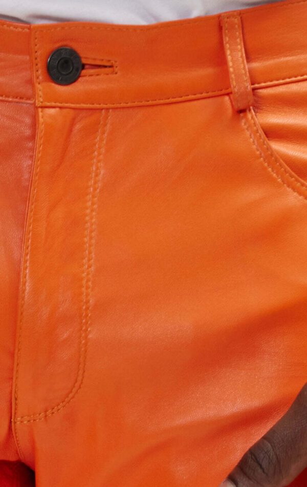 Mens Orange Leather Motorcycle Pants - Real Cow Skin - Image 4