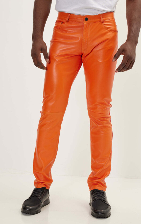 Mens Orange Leather Motorcycle Pants - Real Cow Skin - Image 3