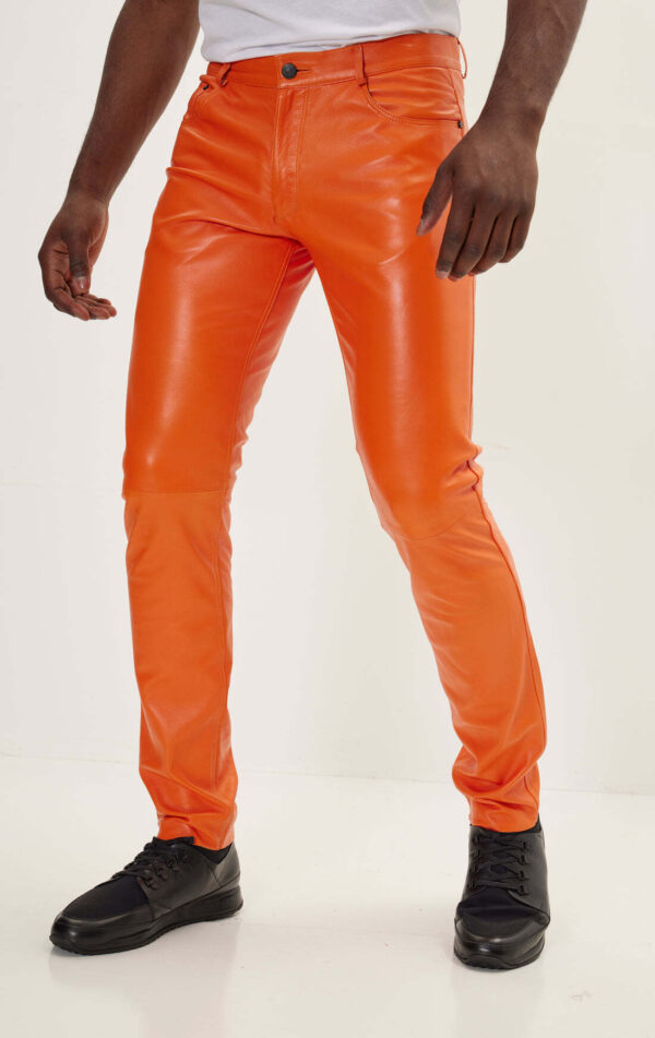 Mens Orange Leather Motorcycle Pants - Real Cow Skin