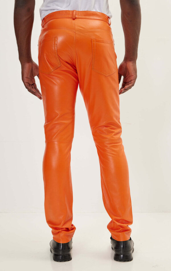 Mens Orange Leather Motorcycle Pants - Real Cow Skin - Image 5