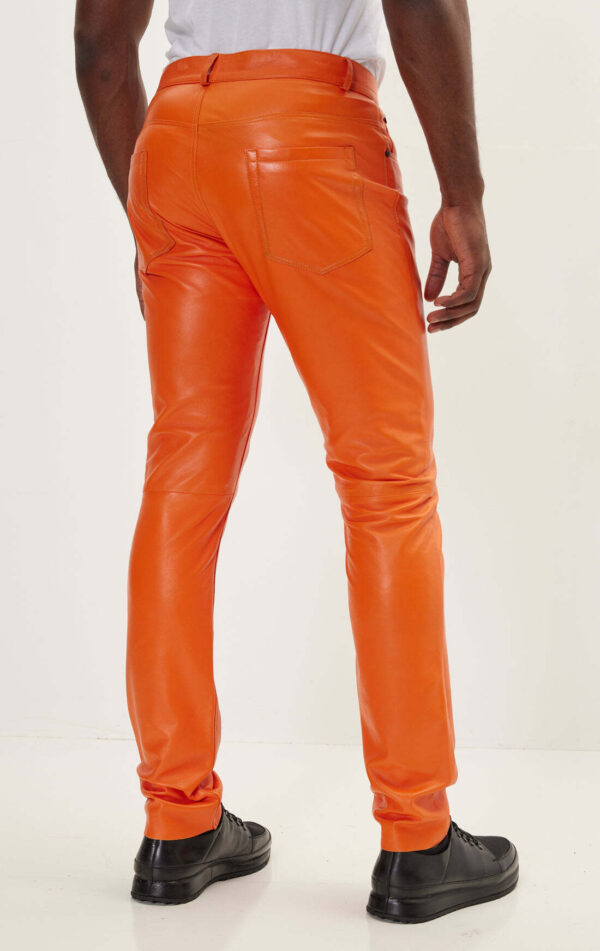 Mens Orange Leather Motorcycle Pants - Real Cow Skin - Image 2