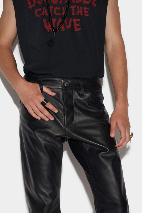 Mens Black Leather Slim Fit Pants - Real Sheep Skin - Image 4