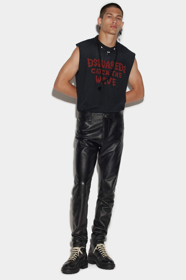 Mens Black Leather Slim Fit Pants - Real Sheep Skin - Image 3