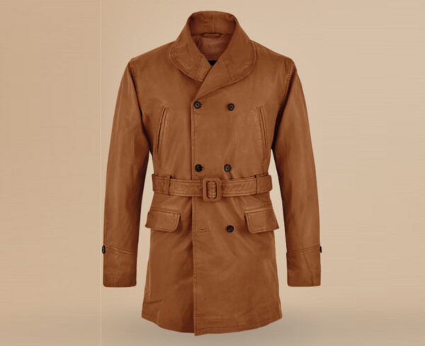 Mens Brown Leather Trench Coat- Real Cow Skin Leather Duster