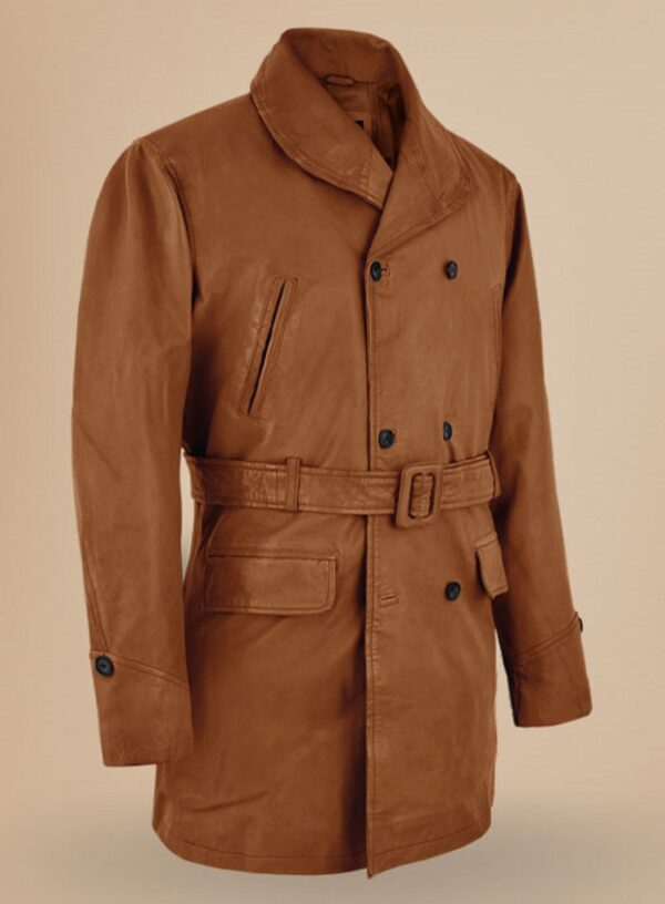 Mens Brown Leather Trench Coat- Real Cow Skin Leather Duster - Image 5