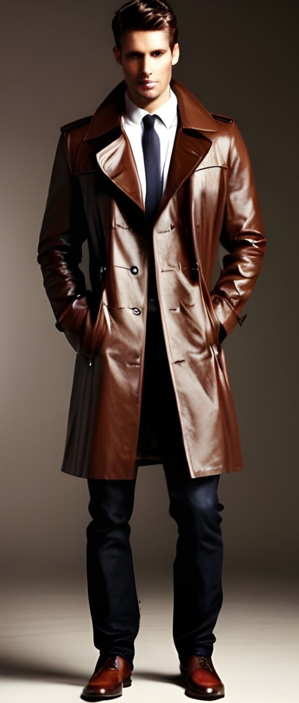 Mens Brown Leather Business Coat - Real Cow Leather Duster - Image 3