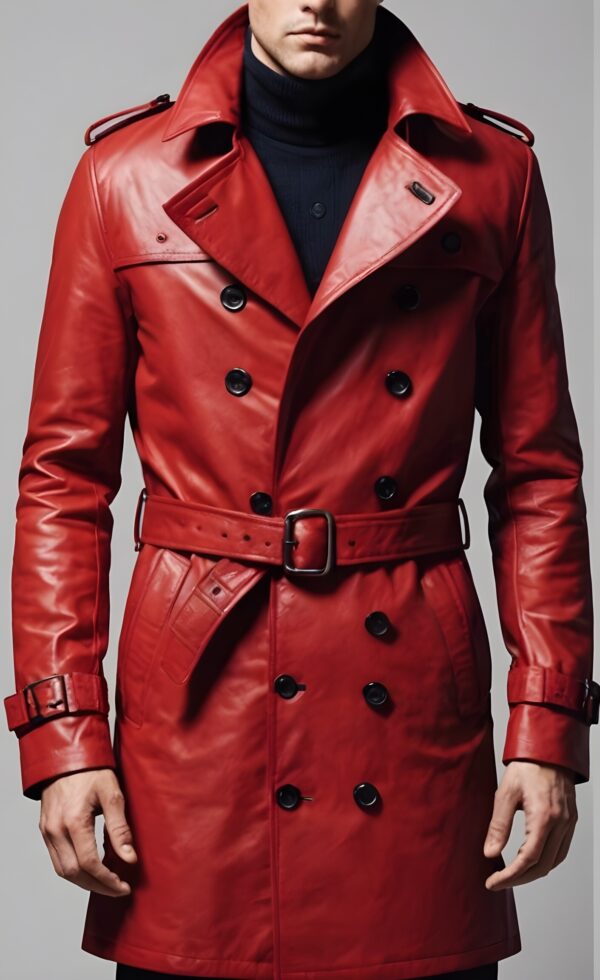 Mens Red Leather Trench Coat- Real Cow Skin Leather Duster