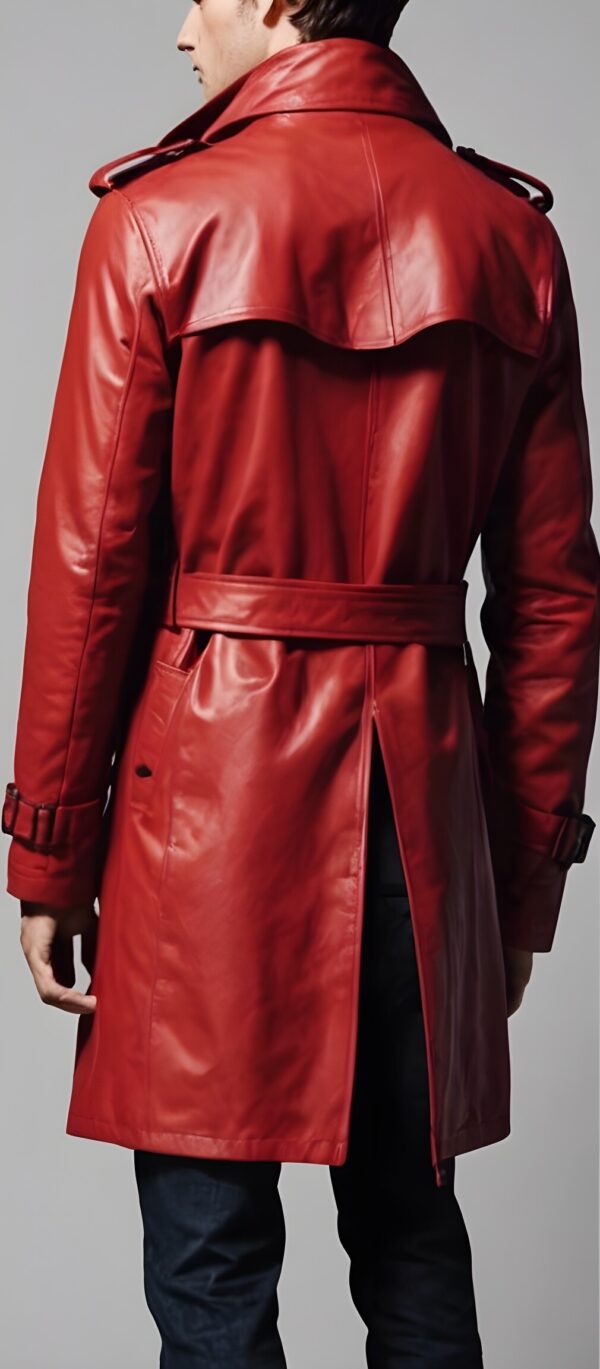 Mens Red Leather Trench Coat- Real Cow Skin Leather Duster - Image 2