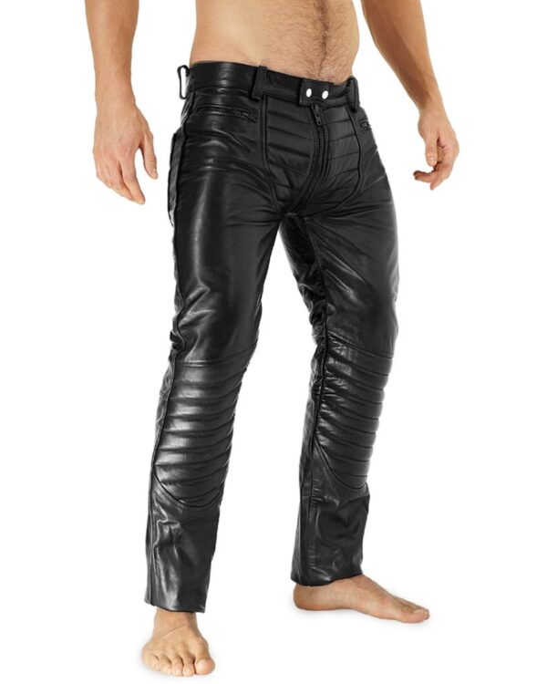 Mens Black Leather Quilted Motorcycle Pants - Real Sheep Skin - Image 2