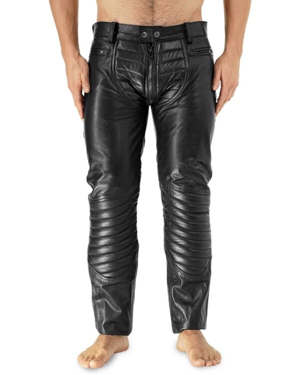 Mens Black Leather Quilted Motorcycle Pants - Real Sheep Skin