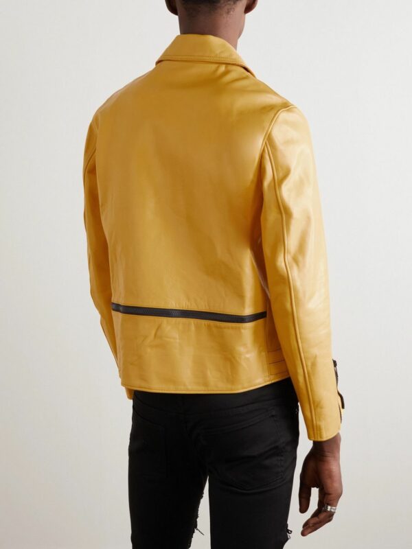 Mens Yellow Leather Biker Jacket - Genuine Cow Leather Party Wear Jacket - Image 2