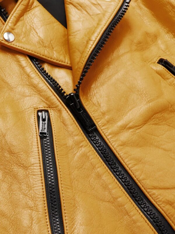 Mens Yellow Leather Biker Jacket - Genuine Cow Leather Party Wear Jacket - Image 3