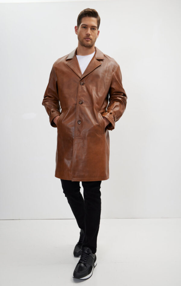 Mens Brown Leather Business Coat - Genuine Cow Leather Trench Coat - Image 5