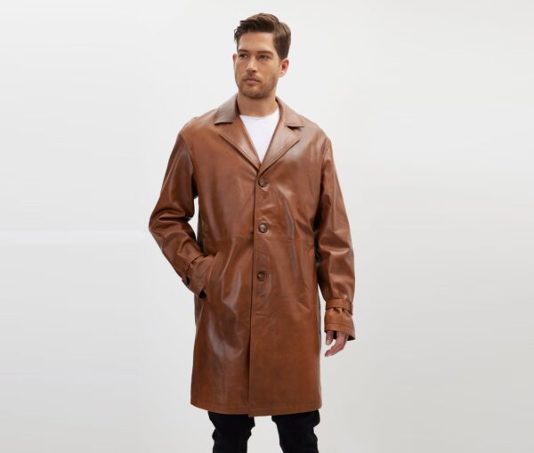 Mens Brown Leather Business Coat - Genuine Cow Leather Trench Coat