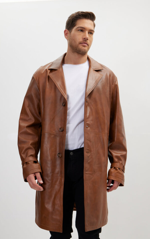 Mens Brown Leather Business Coat - Genuine Cow Leather Trench Coat - Image 4