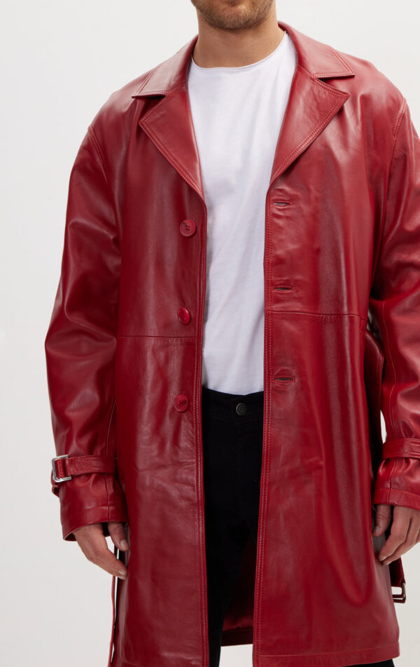 Mens Red Leather Duster - Genuine Cow Leather Mens Business Trench Coat - Image 4