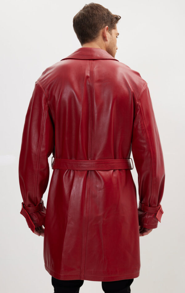 Mens Red Leather Duster - Genuine Cow Leather Mens Business Trench Coat - Image 2