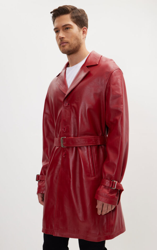 Mens Red Leather Duster - Genuine Cow Leather Mens Business Trench Coat - Image 3