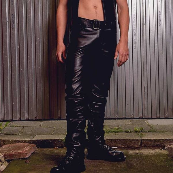 Mens Black Leather Motorcycle Pants - Real Sheep Skin