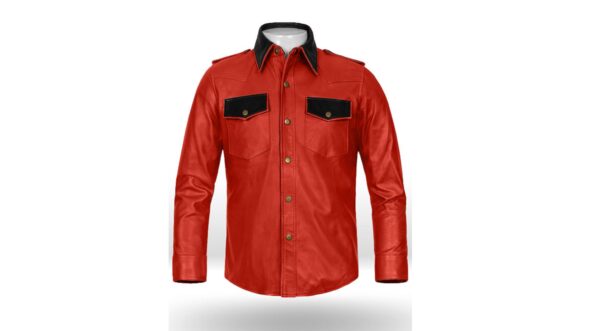 Mens Red Leather Police Shirt - Real Cow Skin