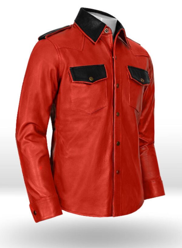 Mens Red Leather Police Shirt - Real Cow Skin - Image 2