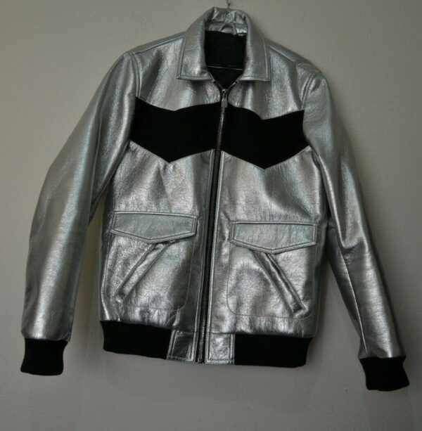 Mens Lambskin Metallic Silver & Black Leather Jacket - Bomber Color Block Jacket - Image 4