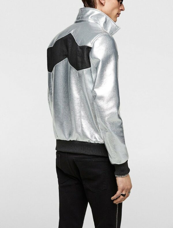 Mens Lambskin Metallic Silver & Black Leather Jacket - Bomber Color Block Jacket - Image 5