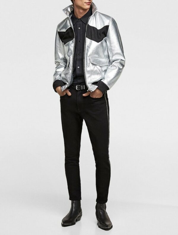 Mens Lambskin Metallic Silver & Black Leather Jacket - Bomber Color Block Jacket - Image 3