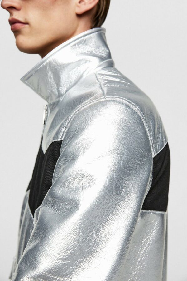 Mens Lambskin Metallic Silver & Black Leather Jacket - Bomber Color Block Jacket - Image 6