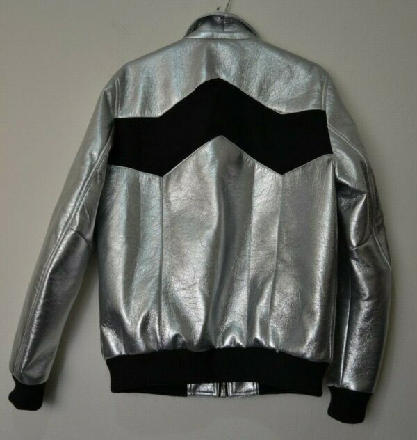 Mens Lambskin Metallic Silver & Black Leather Jacket - Bomber Color Block Jacket - Image 7