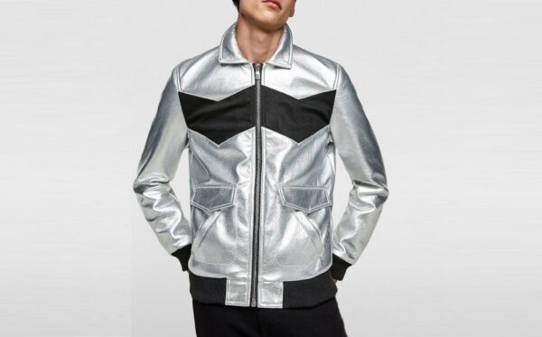 Mens Lambskin Metallic Silver & Black Leather Jacket - Bomber Color Block Jacket